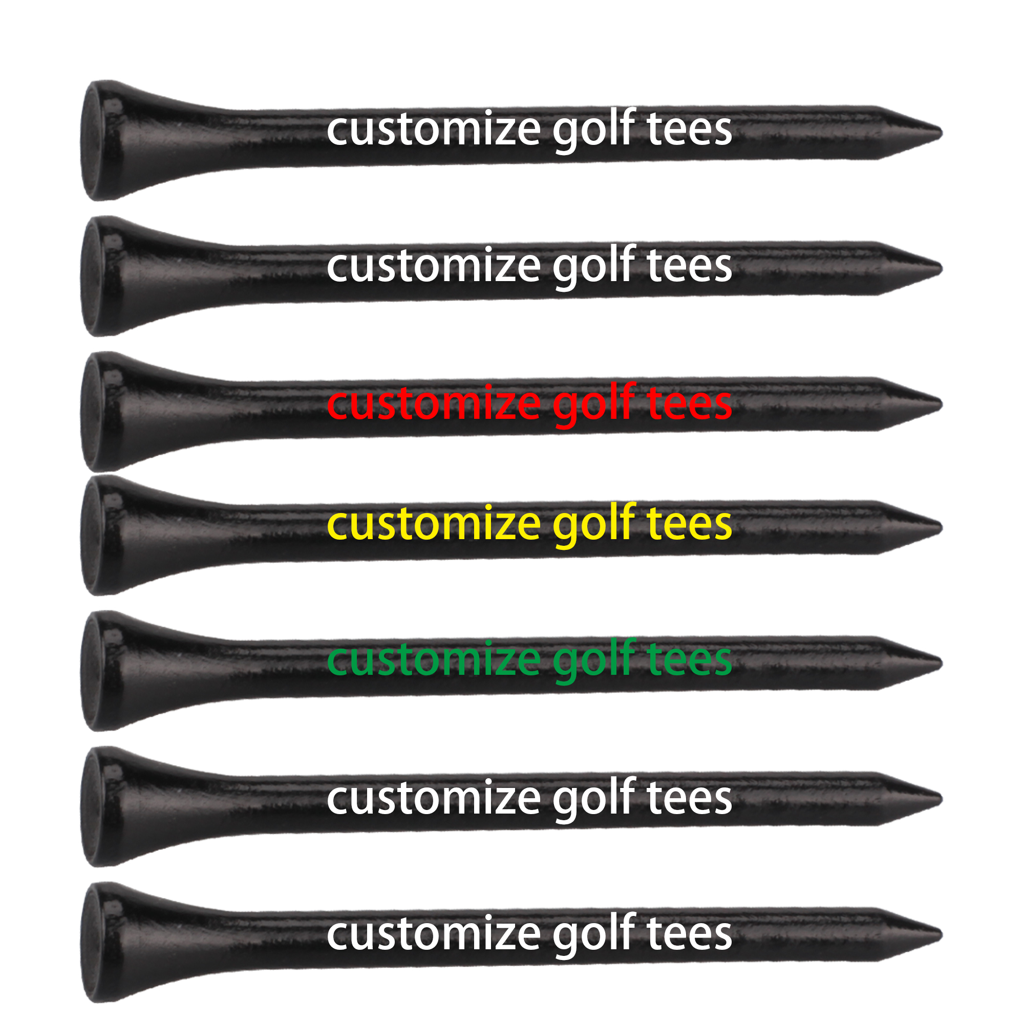 Custom black wooden golf tees with white logo printing on the shaft