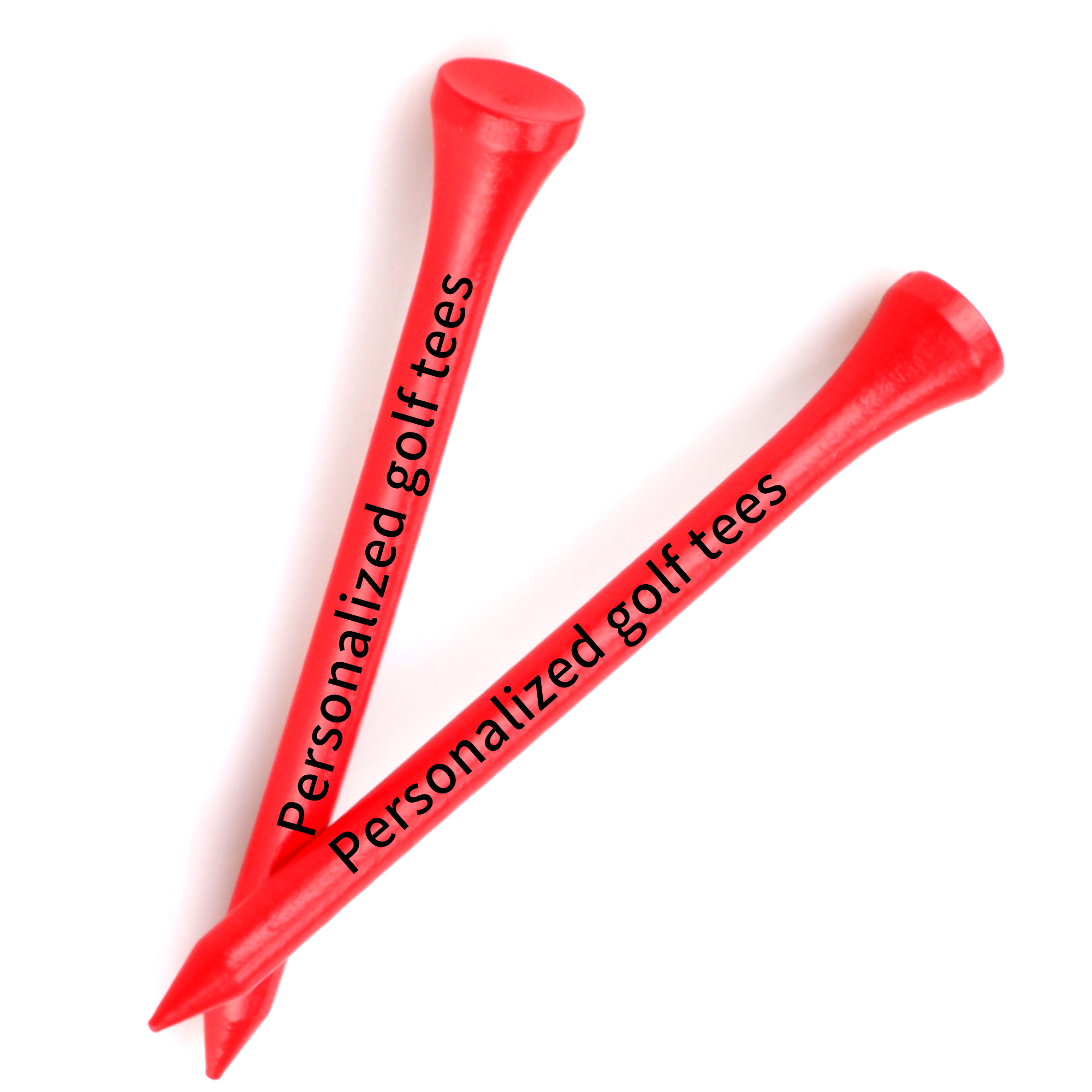 Custom red wooden golf tees with personalized white shaft printing