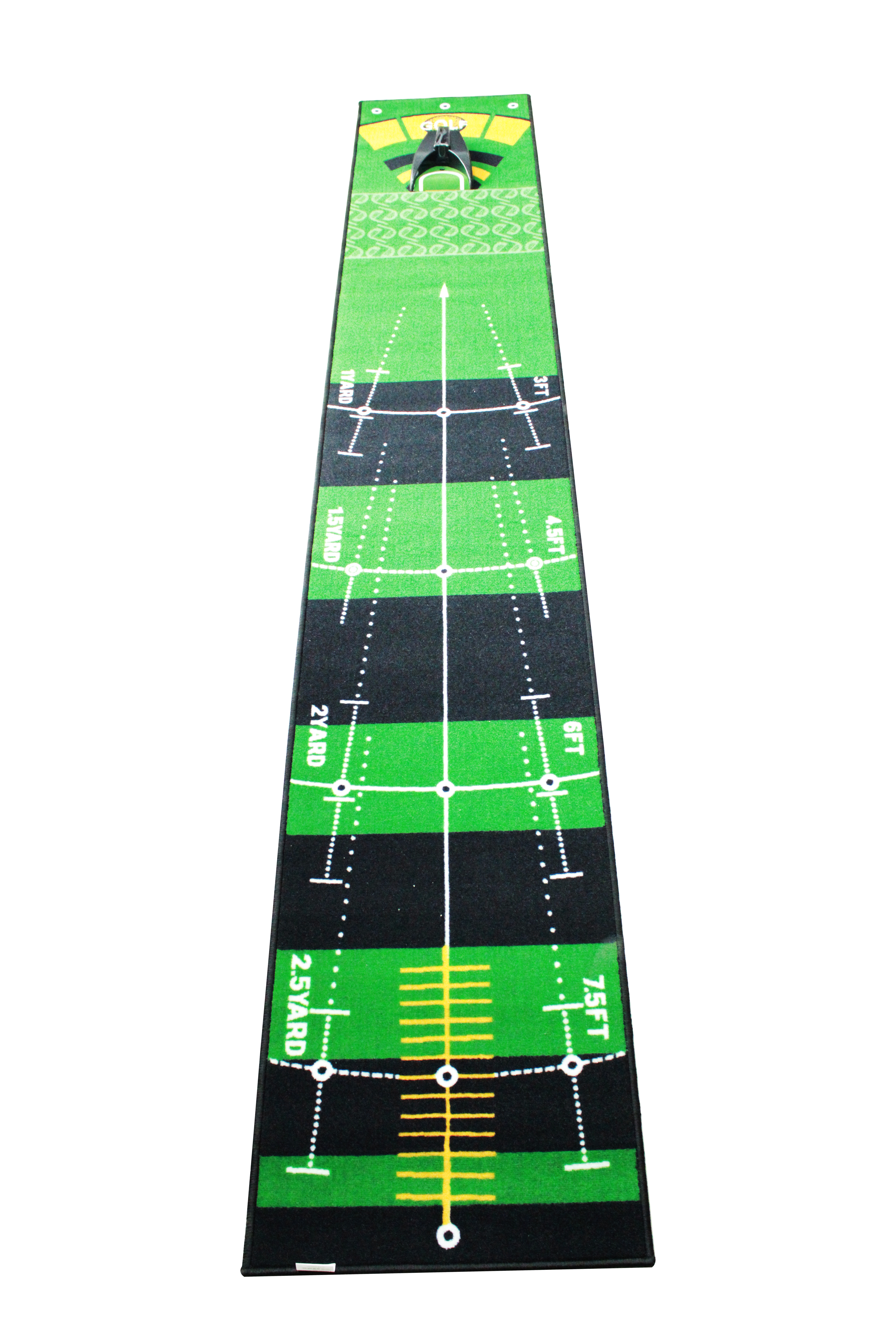 Indoor golf putting practice mat with alignment marks and ball return
