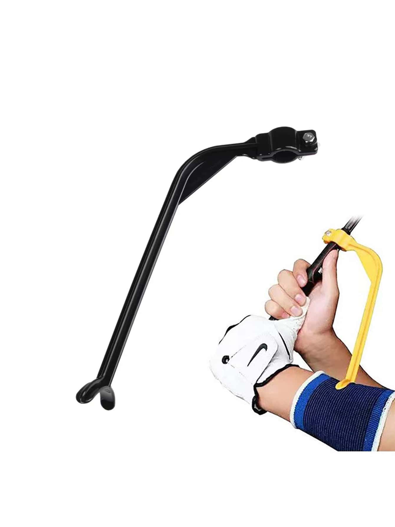 Black golf wrist hinge swing trainer with yellow hand strap