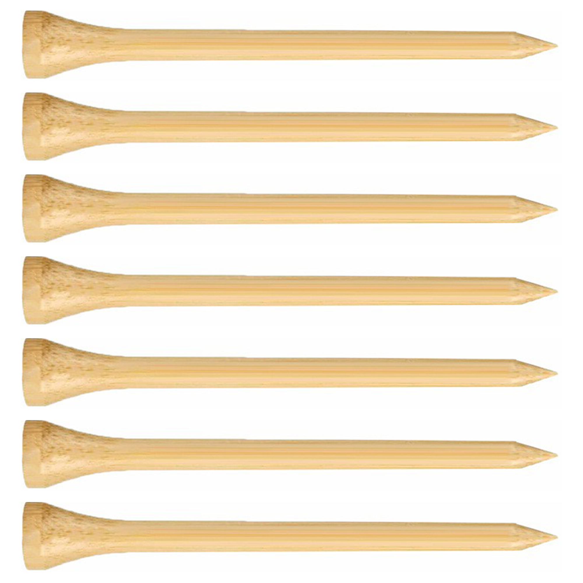 Natural bamboo golf tees in several lengths beside a golf ball