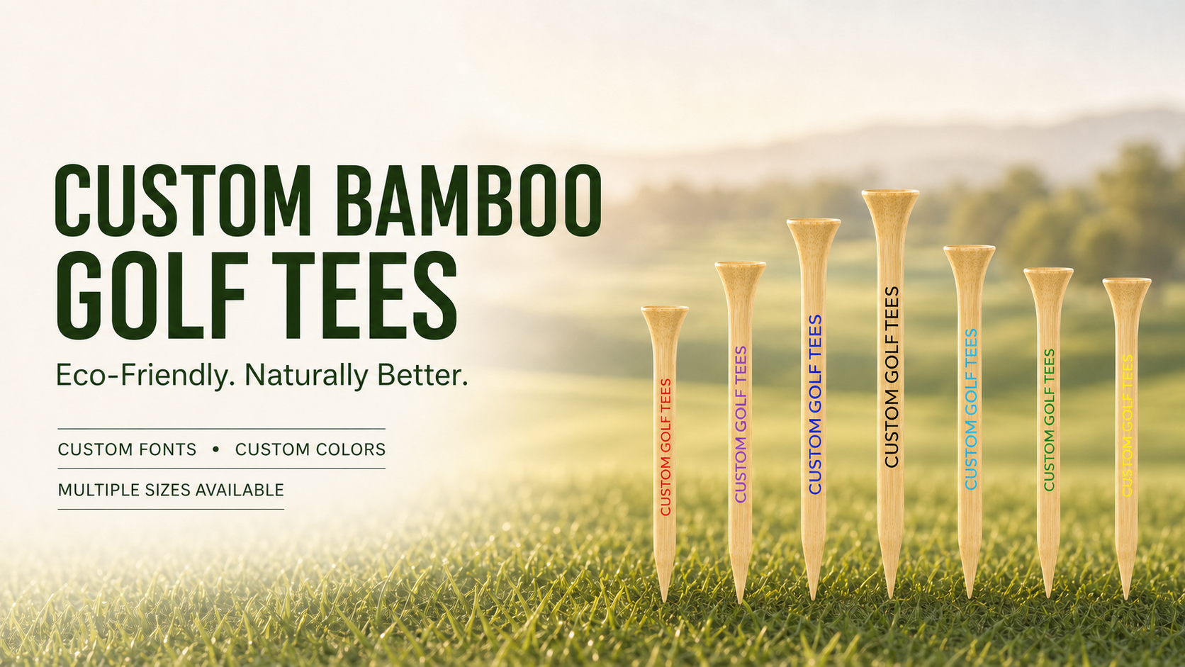 Custom bamboo golf tees in natural wood and multiple colors with personalized logo printing